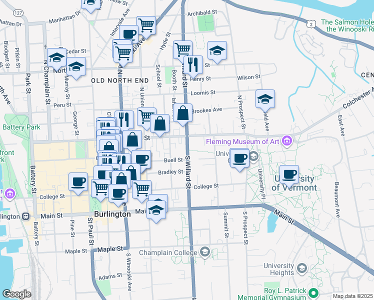 map of restaurants, bars, coffee shops, grocery stores, and more near 41 South Willard Street in Burlington