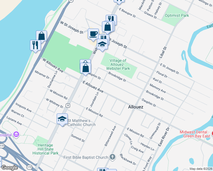 map of restaurants, bars, coffee shops, grocery stores, and more near 300 Dauphin Street in Green Bay