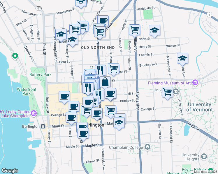 map of restaurants, bars, coffee shops, grocery stores, and more near in Burlington