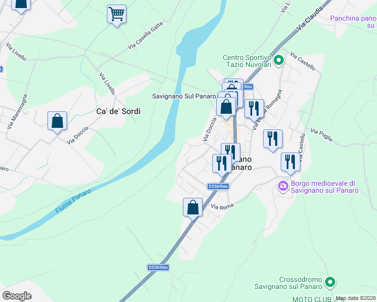 map of restaurants, bars, coffee shops, grocery stores, and more near 233C Via Doccia in Savignano Sul Panaro