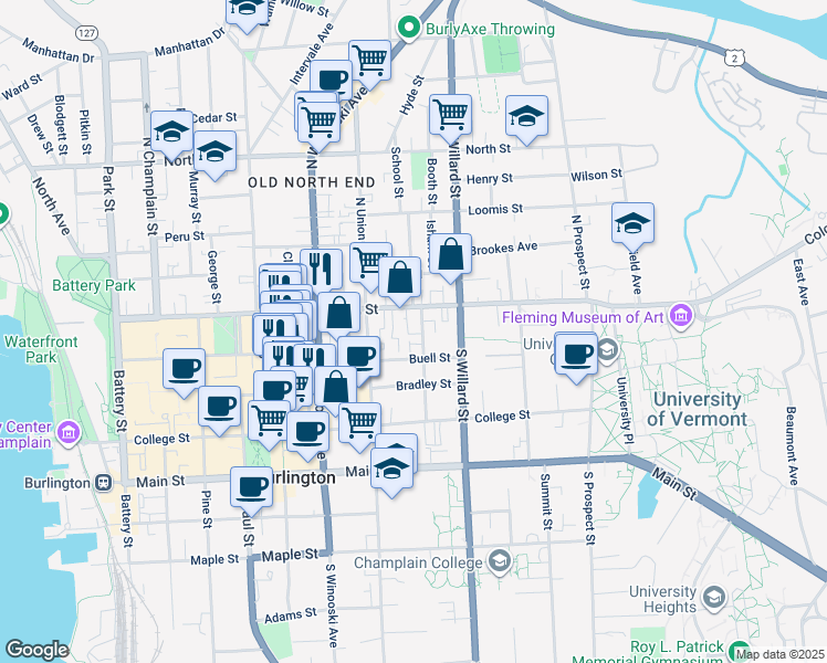 map of restaurants, bars, coffee shops, grocery stores, and more near 37 Hungerford Terrace in Burlington