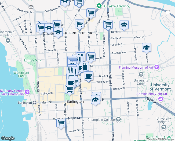 map of restaurants, bars, coffee shops, grocery stores, and more near in Burlington
