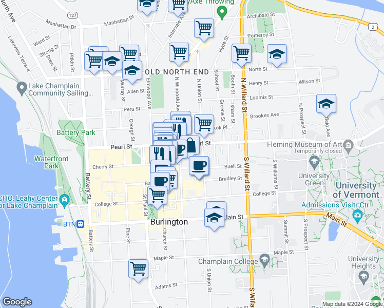 map of restaurants, bars, coffee shops, grocery stores, and more near in Burlington