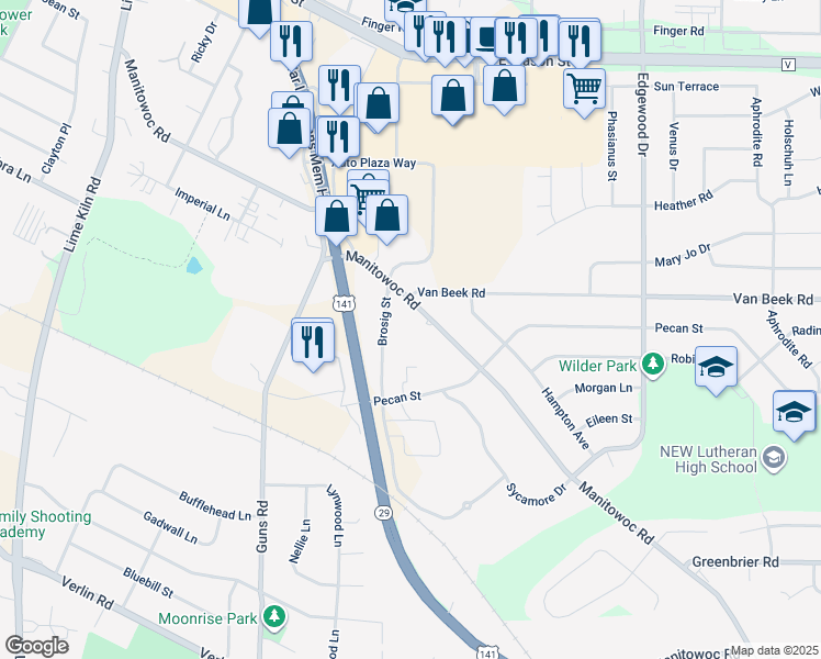 map of restaurants, bars, coffee shops, grocery stores, and more near 1157 Brosig Street in Green Bay