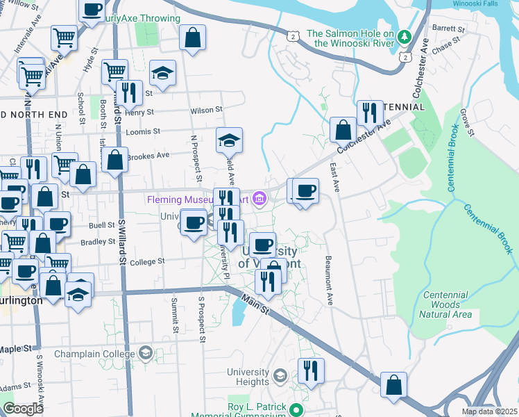map of restaurants, bars, coffee shops, grocery stores, and more near 61 Colchester Avenue in Burlington