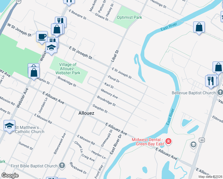 map of restaurants, bars, coffee shops, grocery stores, and more near 538 Karl Street in Green Bay