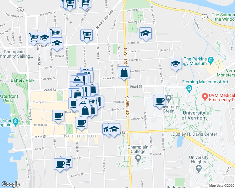 map of restaurants, bars, coffee shops, grocery stores, and more near 24 Hungerford Terrace in Burlington