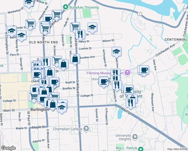 map of restaurants, bars, coffee shops, grocery stores, and more near 43 South Williams Street in Burlington