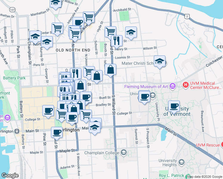 map of restaurants, bars, coffee shops, grocery stores, and more near 41 South Willard Street in Burlington