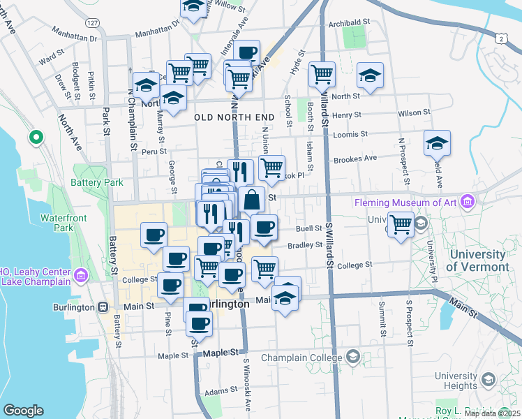 map of restaurants, bars, coffee shops, grocery stores, and more near in Burlington