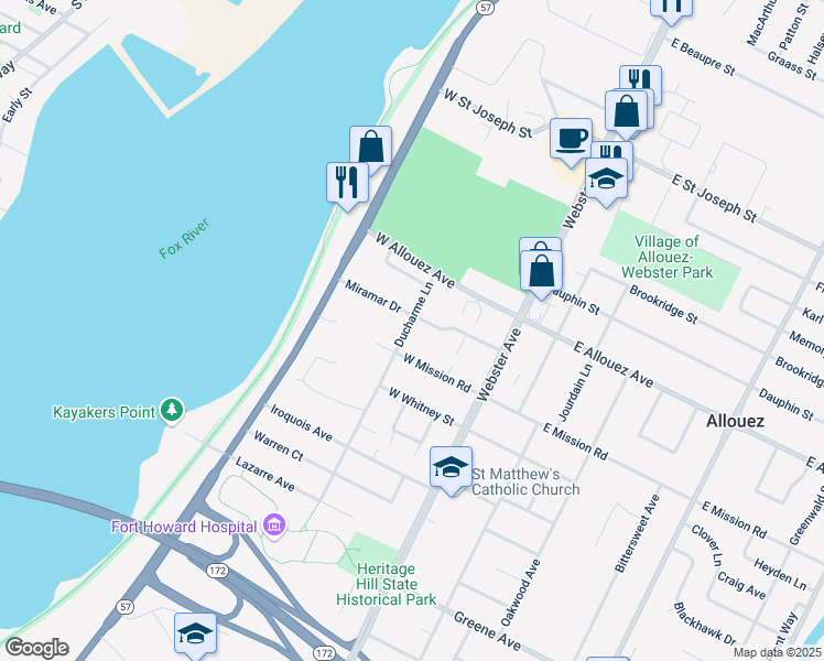 map of restaurants, bars, coffee shops, grocery stores, and more near 222 West Mission Road in Green Bay