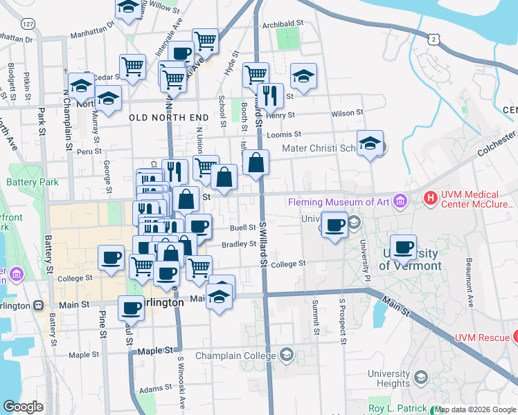 map of restaurants, bars, coffee shops, grocery stores, and more near 41 South Willard Street in Burlington
