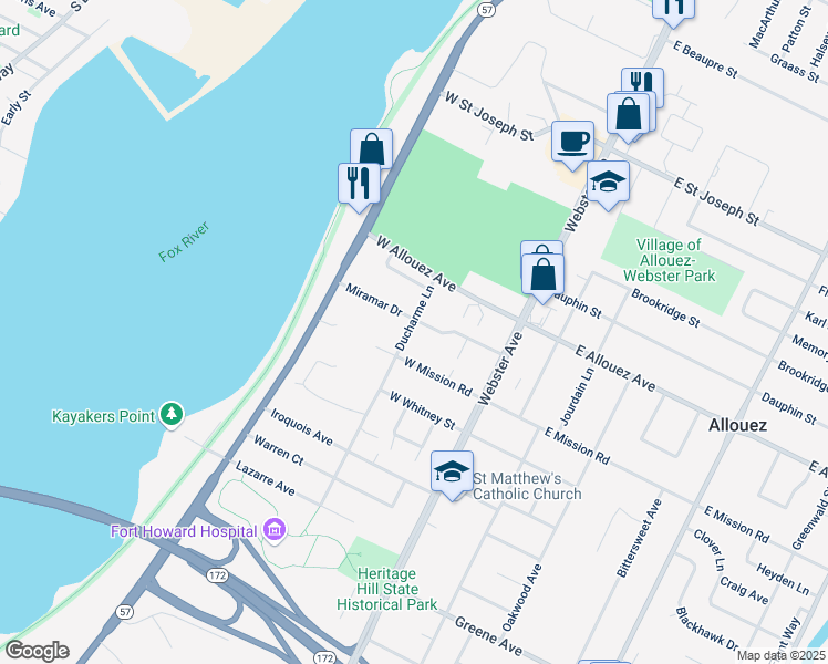 map of restaurants, bars, coffee shops, grocery stores, and more near 222 West Mission Road in Green Bay