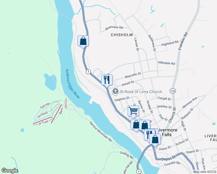 map of restaurants, bars, coffee shops, grocery stores, and more near 8 Main Street in Jay