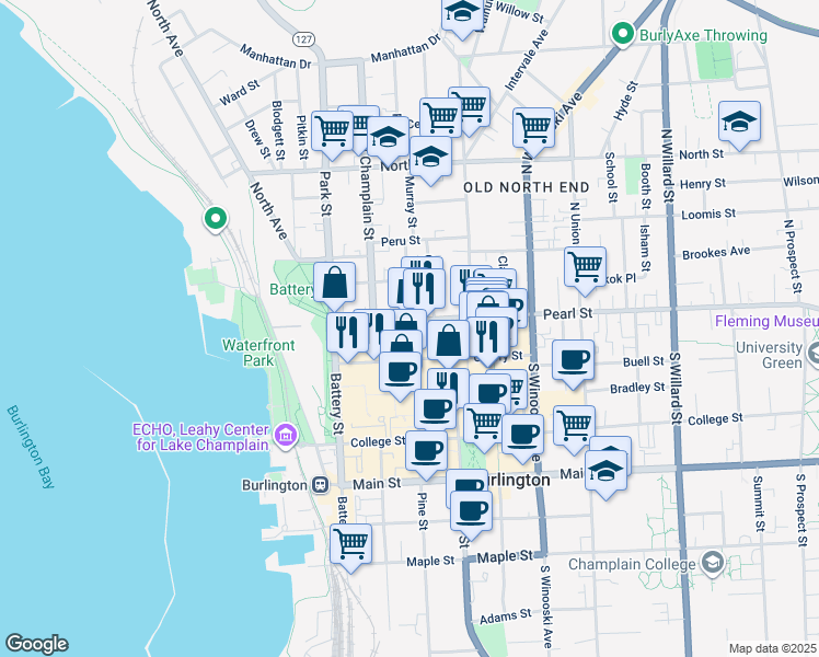 map of restaurants, bars, coffee shops, grocery stores, and more near 1 Pine Street in Burlington