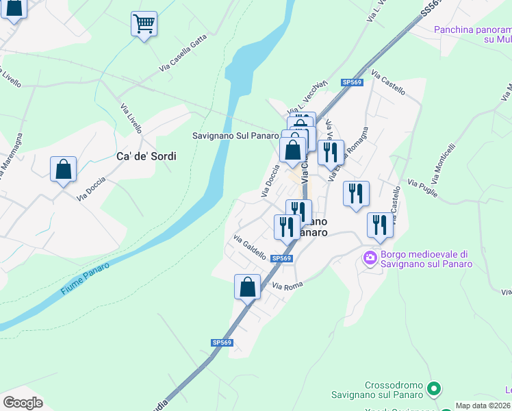 map of restaurants, bars, coffee shops, grocery stores, and more near 233C Via Doccia in Savignano Sul Panaro
