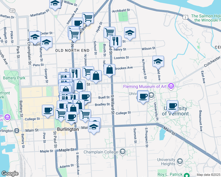 map of restaurants, bars, coffee shops, grocery stores, and more near 41 South Willard Street in Burlington