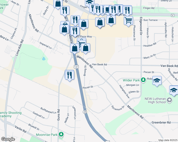 map of restaurants, bars, coffee shops, grocery stores, and more near 1157 Brosig Street in Green Bay