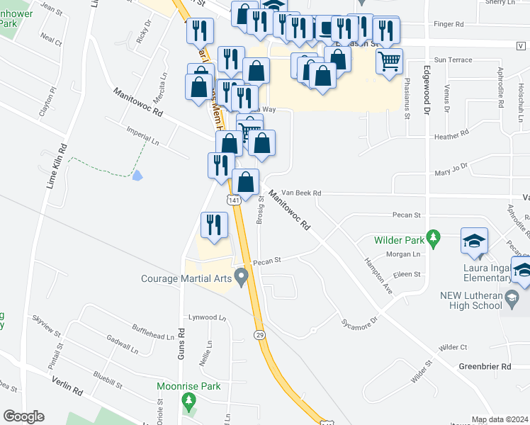 map of restaurants, bars, coffee shops, grocery stores, and more near 1157 Brosig Street in Green Bay