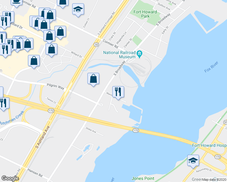 map of restaurants, bars, coffee shops, grocery stores, and more near 470 Marina Lane in Green Bay