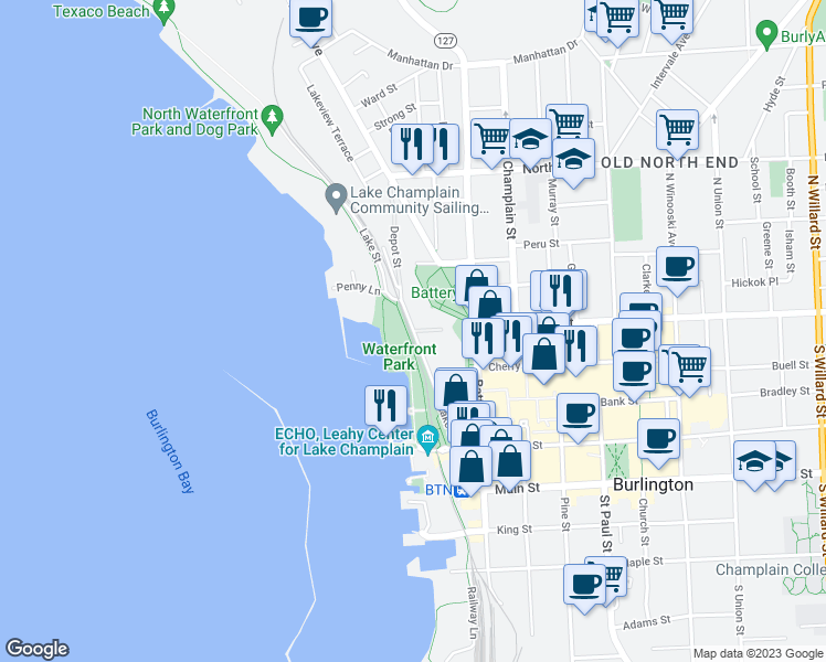 map of restaurants, bars, coffee shops, grocery stores, and more near 185 Lake Street in Burlington