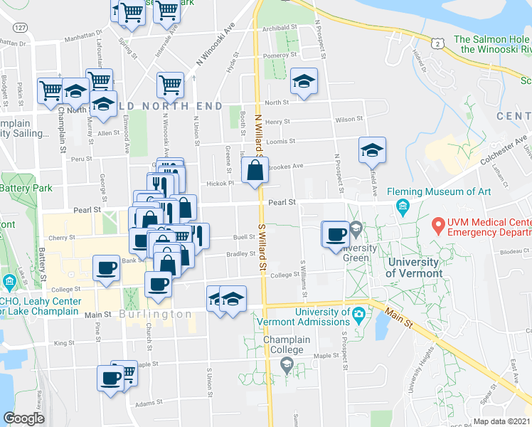 map of restaurants, bars, coffee shops, grocery stores, and more near 16 South Willard Street in Burlington