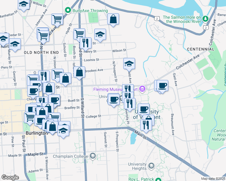 map of restaurants, bars, coffee shops, grocery stores, and more near 1 South Prospect Street in Burlington