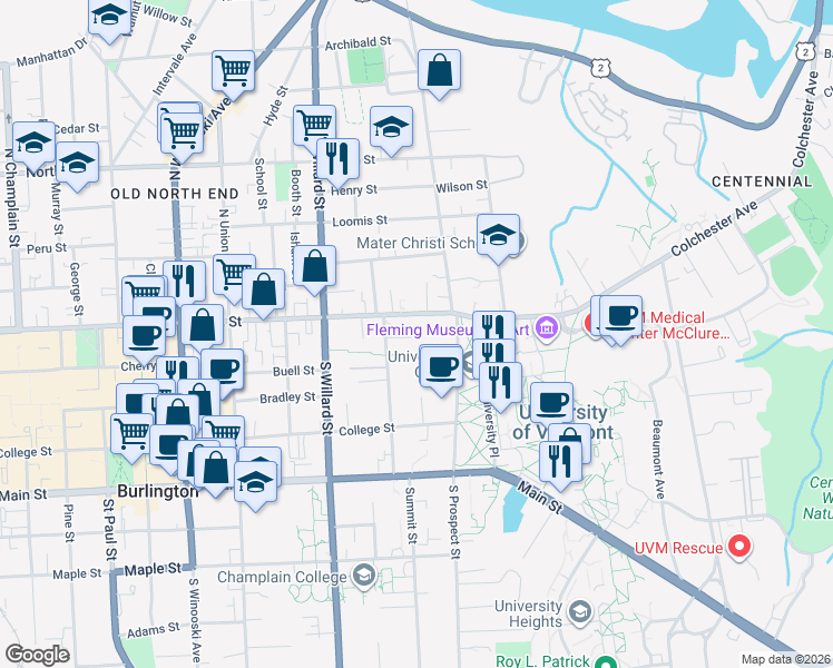 map of restaurants, bars, coffee shops, grocery stores, and more near 1 South Prospect Street in Burlington
