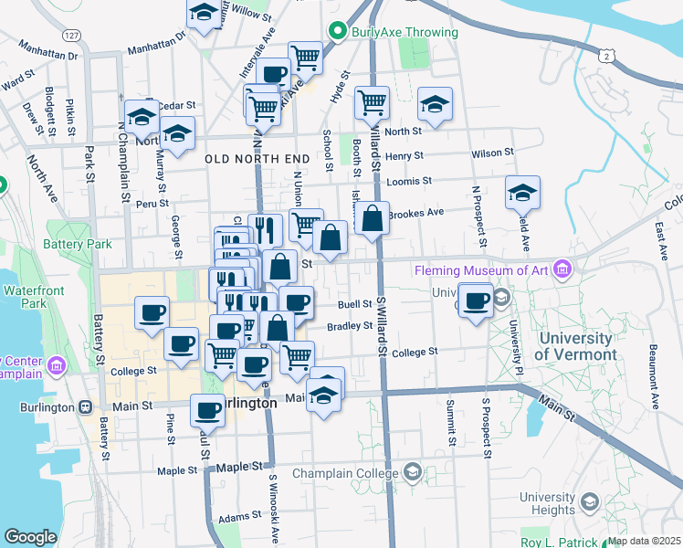 map of restaurants, bars, coffee shops, grocery stores, and more near 37 Hungerford Terrace in Burlington