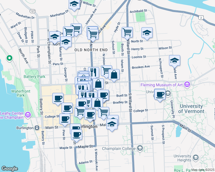 map of restaurants, bars, coffee shops, grocery stores, and more near in Burlington