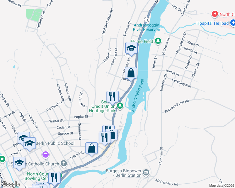 map of restaurants, bars, coffee shops, grocery stores, and more near 1051 Main Street in Berlin