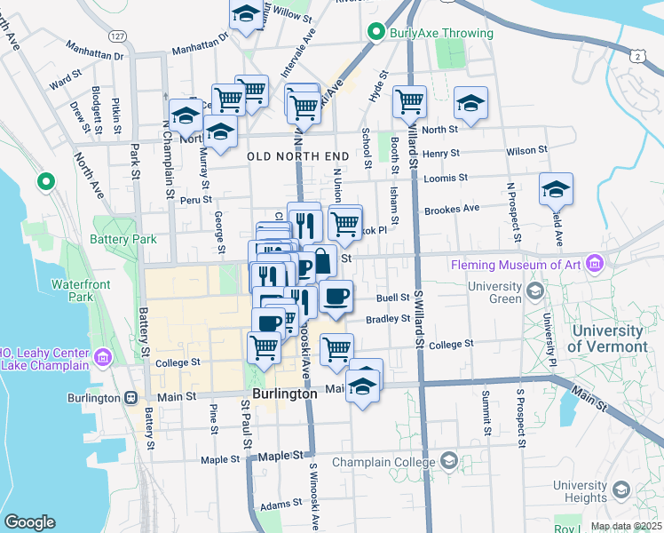 map of restaurants, bars, coffee shops, grocery stores, and more near in Burlington