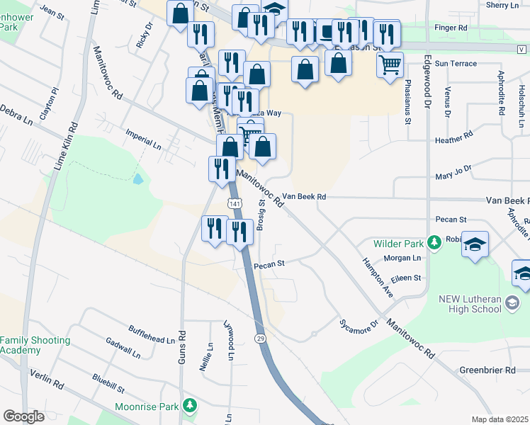 map of restaurants, bars, coffee shops, grocery stores, and more near 1129 Brosig Street in Green Bay