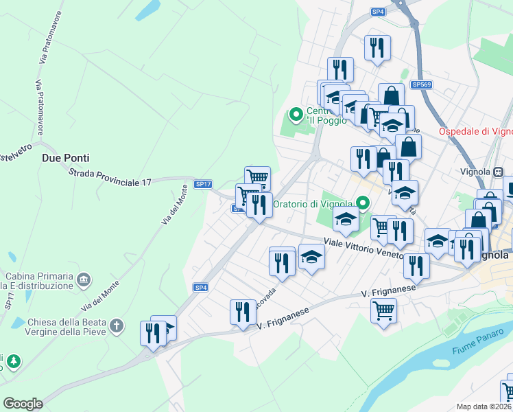 map of restaurants, bars, coffee shops, grocery stores, and more near 1084 Viale Vittorio Veneto in Vignola