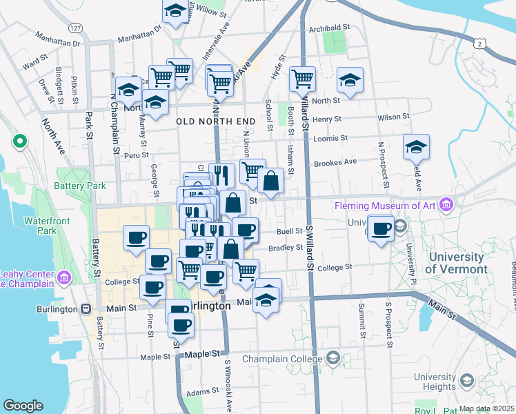 map of restaurants, bars, coffee shops, grocery stores, and more near 247 Pearl Street in Burlington
