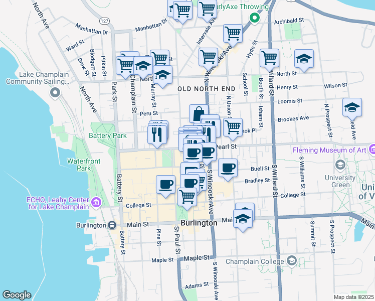 map of restaurants, bars, coffee shops, grocery stores, and more near in Burlington