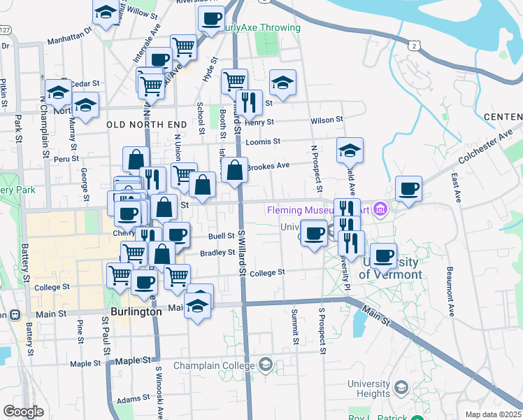 map of restaurants, bars, coffee shops, grocery stores, and more near 352 Pearl Street in Burlington