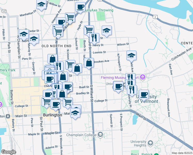 map of restaurants, bars, coffee shops, grocery stores, and more near 352 Pearl Street in Burlington