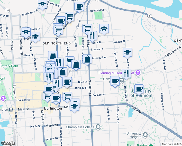 map of restaurants, bars, coffee shops, grocery stores, and more near 11 North Willard Street in Burlington
