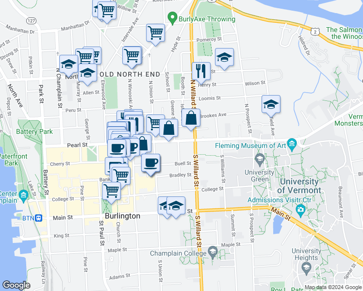 map of restaurants, bars, coffee shops, grocery stores, and more near 6 Greene Street in Burlington