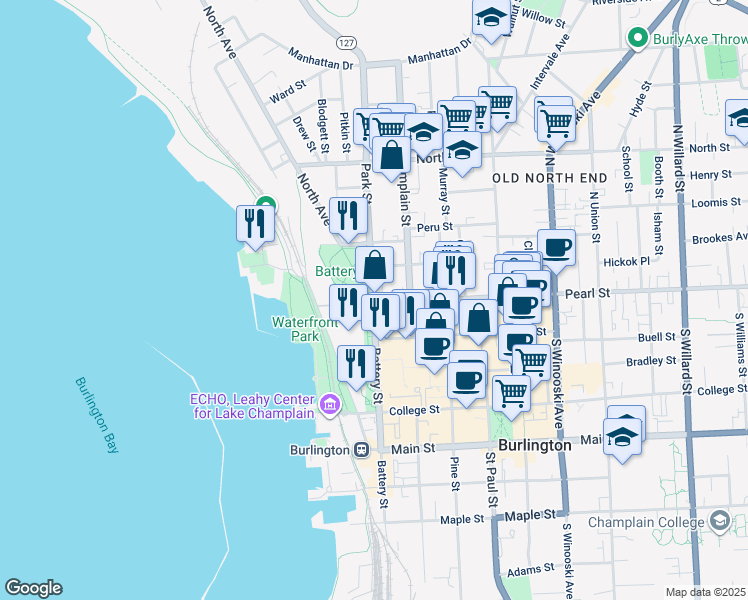 map of restaurants, bars, coffee shops, grocery stores, and more near 30 Park Street in Burlington