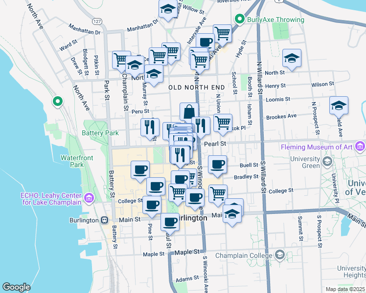 map of restaurants, bars, coffee shops, grocery stores, and more near 2 Church Street in Burlington