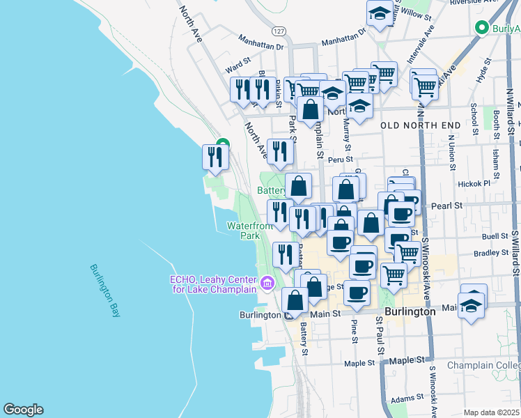 map of restaurants, bars, coffee shops, grocery stores, and more near 200 Lake Street in Burlington