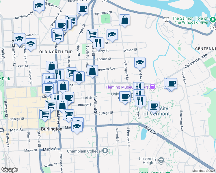 map of restaurants, bars, coffee shops, grocery stores, and more near 394 Pearl Street in Burlington