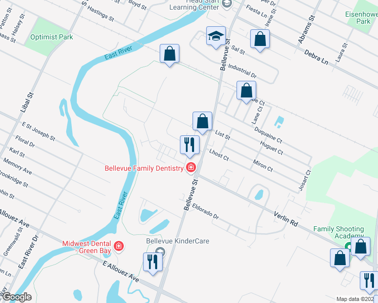 map of restaurants, bars, coffee shops, grocery stores, and more near 1376 Kingston Terrace in Green Bay