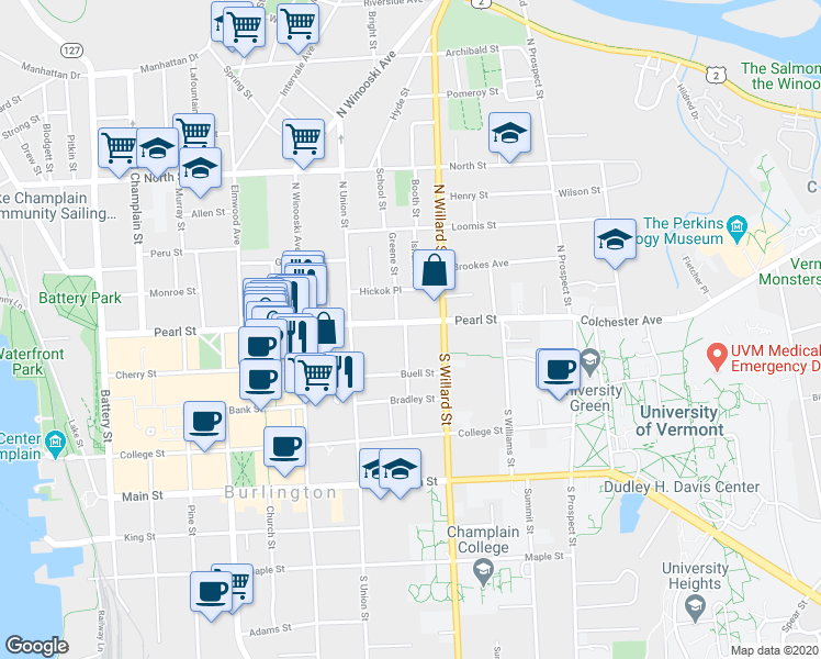 map of restaurants, bars, coffee shops, grocery stores, and more near 295 Pearl Street in Burlington