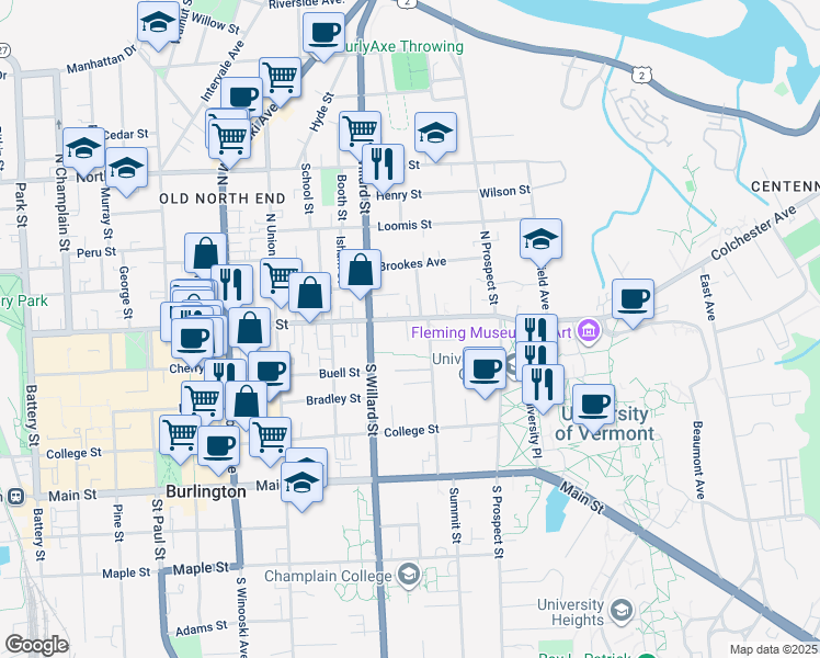map of restaurants, bars, coffee shops, grocery stores, and more near 352 Pearl Street in Burlington