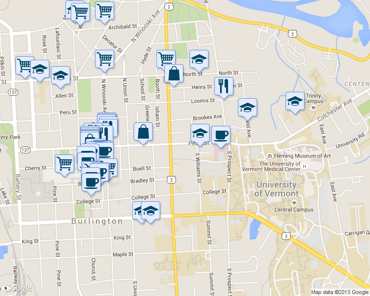 map of restaurants, bars, coffee shops, grocery stores, and more near 352 Pearl Street in Burlington