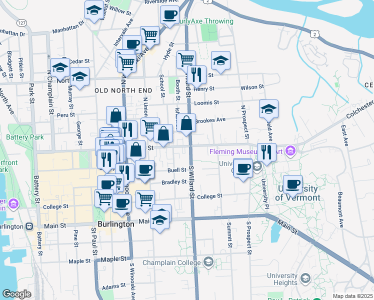 map of restaurants, bars, coffee shops, grocery stores, and more near 11 North Willard Street in Burlington