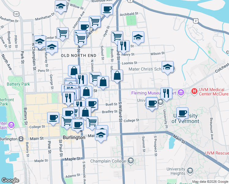 map of restaurants, bars, coffee shops, grocery stores, and more near 11 North Willard Street in Burlington